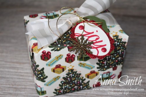 Home for Christmas Gift Wrap presents...this paper is gorgeous! Festive flower builder punch, Your Presents stamp set, Snowflake elements