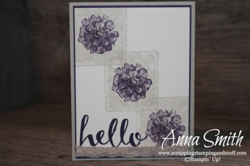 Block stamping technique flower card made with What I Love and Hello stamp sets that you can earn free during Sale-a-bration