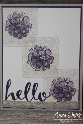 Block stamping technique flower card made with What I Love and Hello stamp sets that you can earn free during Sale-a-bration