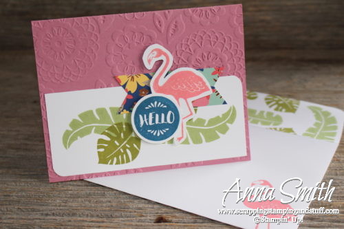 Hand stamped tropical flamingo card made with Stampin' Up! Pop of Paradise stamp set and designer paper, and new Sweet Sugarplum In Color cardstock. 