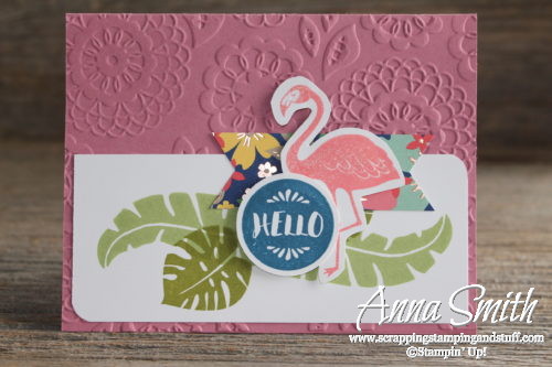 Hand stamped tropical flamingo card made with Stampin' Up! Pop of Paradise stamp set and designer paper, and new Sweet Sugarplum In Color cardstock. 