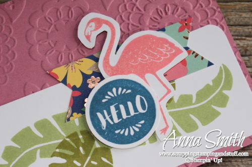 Hand stamped tropical flamingo card made with Stampin' Up! Pop of Paradise stamp set and designer paper, and new Sweet Sugarplum In Color cardstock. 