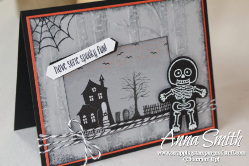 Skeleton Halloween Card made with Stampin' Up! Cookie Cutter Builder Punch, cookie cutter halloween stamp set, woodland embossing folder and Halloween Night designer paper