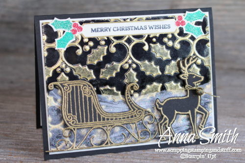 Elegant Gold and Black Reindeer and Sleigh Christmas Card using Inked Embossing Folder Technique and Stampin' Up! Santa's Sleigh Stamp Set and Thinlits