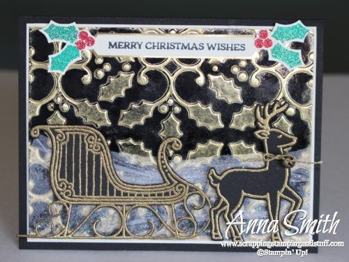 Elegant Gold and Black Reindeer and Sleigh Christmas Card using Inked Embossing Folder Technique and Stampin' Up! Santa's Sleigh Stamp Set and Thinlits