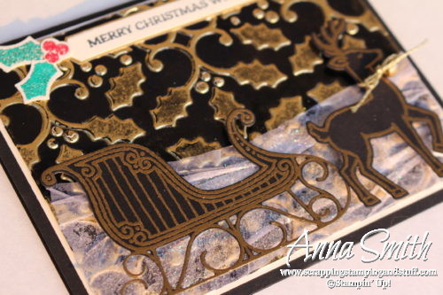 Elegant Gold and Black Reindeer and Sleigh Christmas Card using Inked Embossing Folder Technique and Stampin' Up! Santa's Sleigh Stamp Set and Thinlits