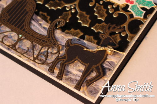 Elegant Gold and Black Reindeer and Sleigh Christmas Card using Inked Embossing Folder Technique and Stampin' Up! Santa's Sleigh Stamp Set and Thinlits