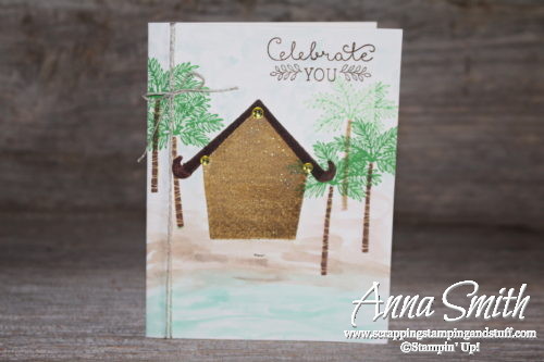 Card for Stampin' Up! Thailand Incentive Trip! Made with Sweet Home bundle and Totally Trees stamp set with watercolor beach scene.