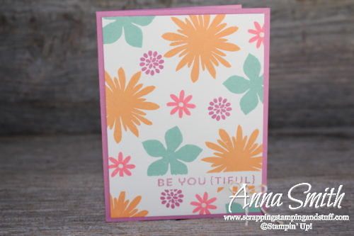 Bright, cheery encouragement card made with the Stampin' Up! Flower Patch stamp set, uses masking technique