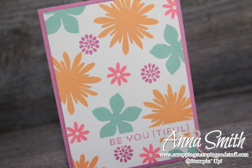 Bright, cheery encouragement card made with the Stampin' Up! Flower Patch stamp set, uses masking technique