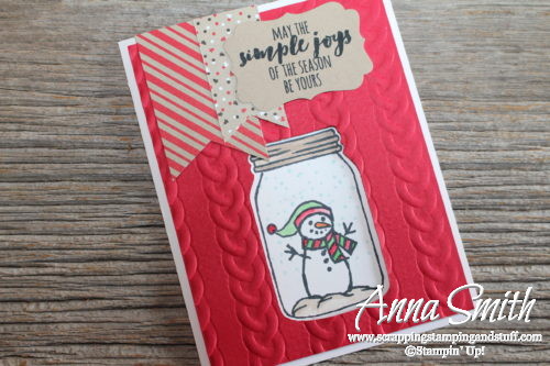 Stampin' Up! Jar of Cheer snowman Christmas card made with the Cable Knit embossing folder