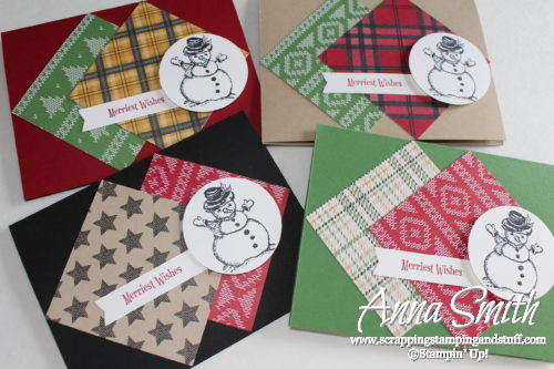 Easy snowman cards made with Stampin' Up! Warmth and Cheer designer paper and Christmas Magic stamp set