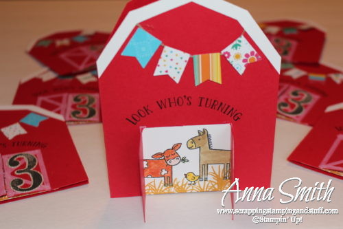 Toddler birthday party idea - Barn and farm animal birthday party invitations made with Stampin' Up! Barnyard Babies stamp set