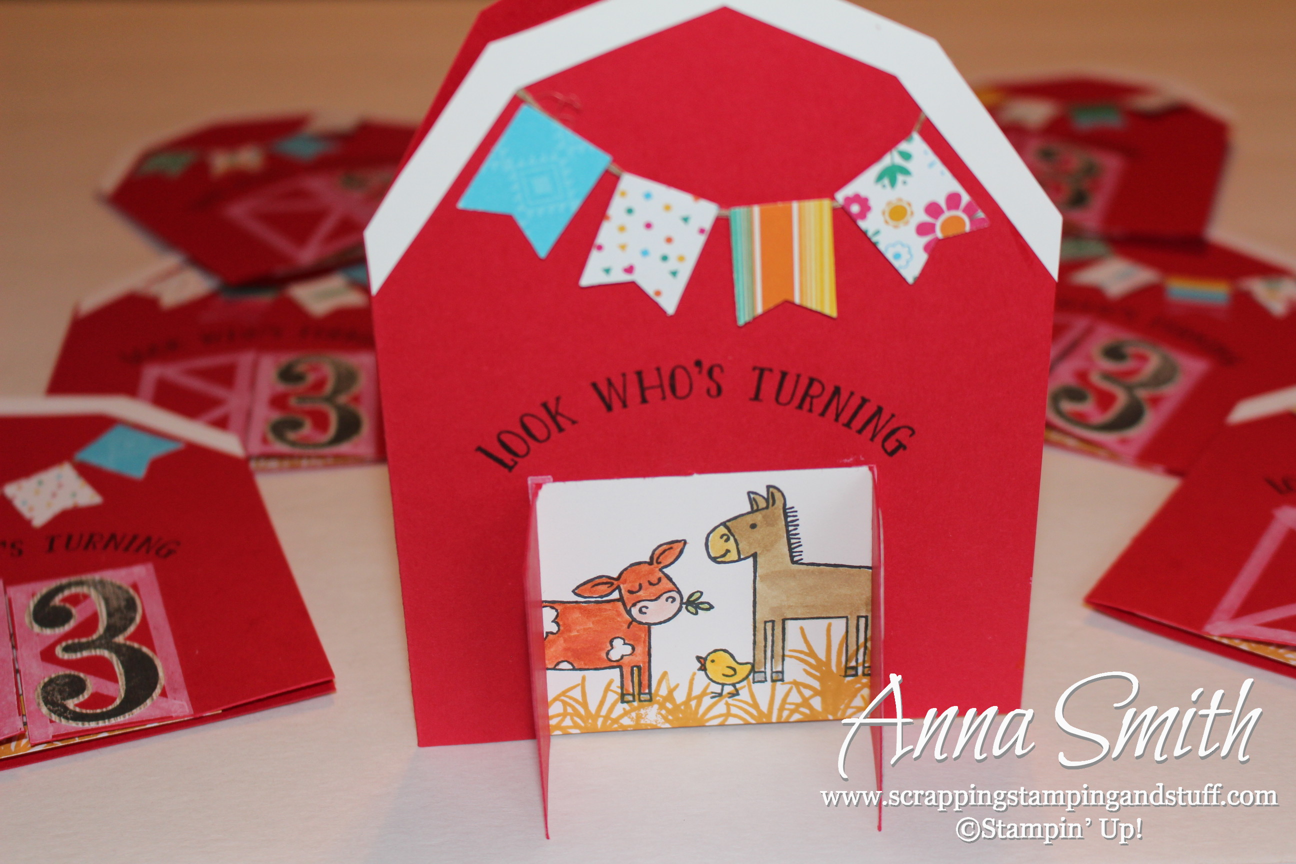 Toddler birthday party idea - Barn and farm animal birthday party invitations made with Stampin' Up! Barnyard Babies stamp set