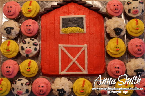 Toddler farm themed birthday party - barn cake, farm animal cupcakes pig cow sheep and chick, haystacks, chick deviled eggs, garden relish tray and fruit tray