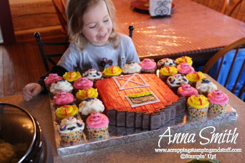 Toddler farm themed birthday party - barn cake, farm animal cupcakes pig cow sheep and chick, haystacks, chick deviled eggs, garden relish tray and fruit tray