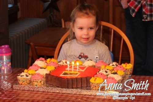 Toddler farm themed birthday party - barn cake, farm animal cupcakes pig cow sheep and chick, haystacks, chick deviled eggs, garden relish tray and fruit tray