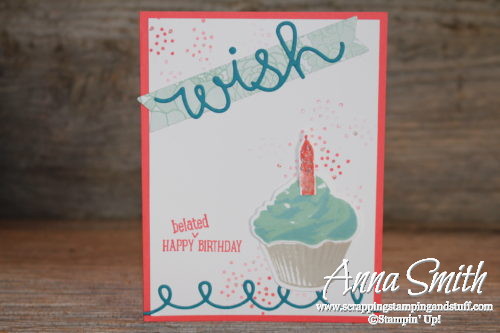 When you need a good belated birthday card, use the Stampin' Up! Sweet Cupcake stamp set and Cupcake Cutouts Framelits!