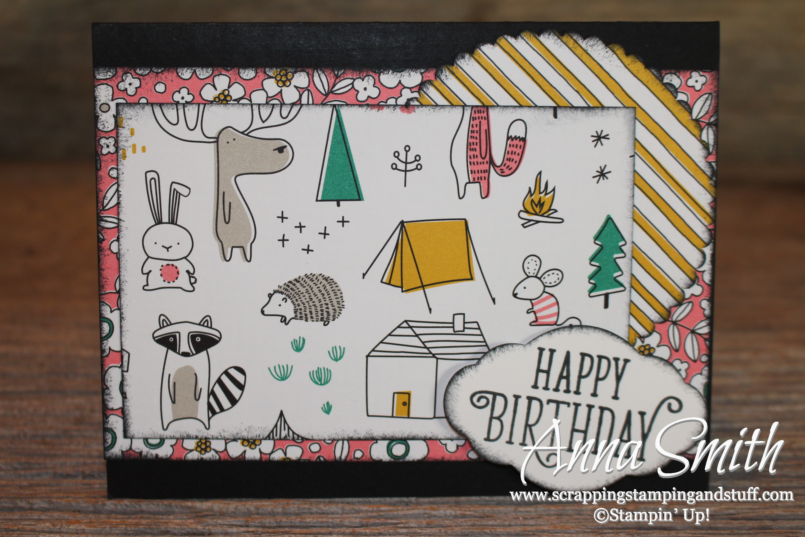 Happy birthday camping card idea using the Stampin' Up! Pick a Pattern designer series paper and Happy Birthday Gorgeous stamp set