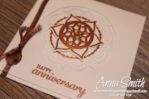 Elegant Stampin' Up! Eastern Beauty white on white anniversary card idea with bronze embossing