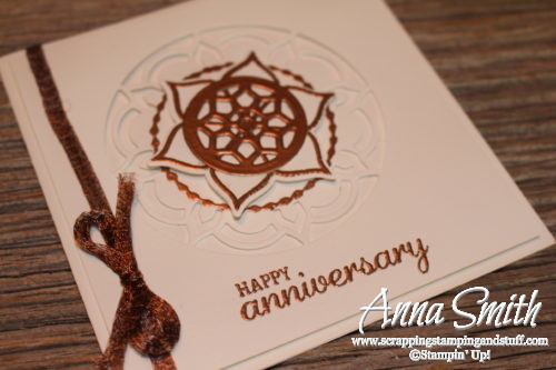 Elegant Stampin' Up! Eastern Beauty white on white anniversary card idea with bronze embossing