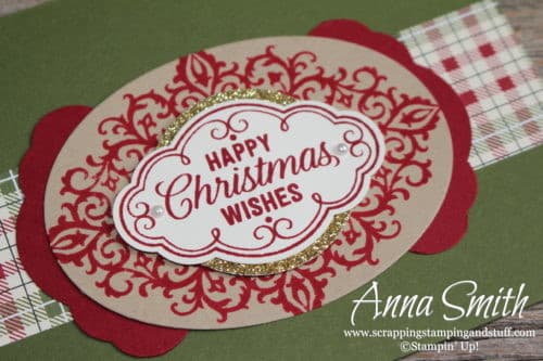 Pretty Christmas card idea using the Stampin' Up! Flourish Filigree stamp set and pretty label punch