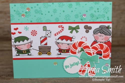 Adorable Stampin' Up! Candy Cane Season stamp set and candy cane punch Christmas card idea with Mrs. Claus and Santa's elves