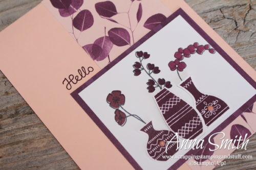 Simple pink and purple hello card made with the Stampin' Up! Varied Vases bundle