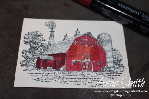 Masculine barn birthday card made with the Stampin' Up! Heartland stamp set and Stampin' Blends alcohol markers