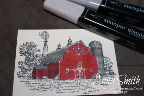 Masculine barn birthday card made with the Stampin' Up! Heartland stamp set and Stampin' Blends alcohol markers