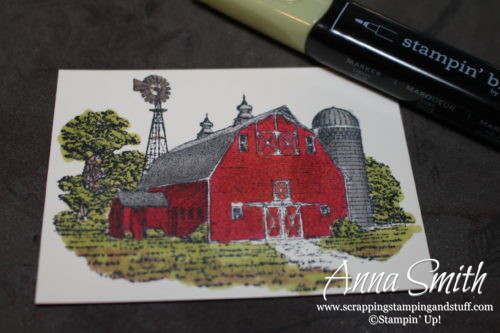 Masculine barn birthday card made with the Stampin' Up! Heartland stamp set and Stampin' Blends alcohol markers