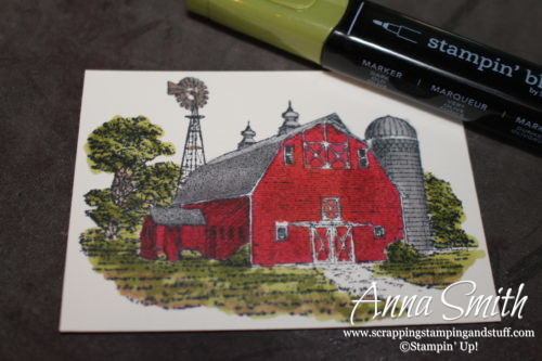 Masculine barn birthday card made with the Stampin' Up! Heartland stamp set and Stampin' Blends alcohol markers