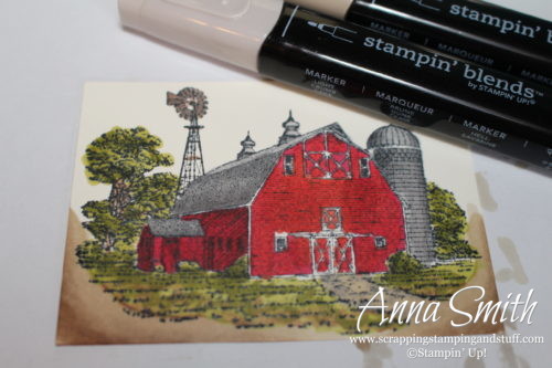 Masculine barn birthday card made with the Stampin' Up! Heartland stamp set and Stampin' Blends alcohol markers