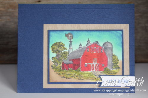 Masculine barn birthday card made with the Stampin' Up! Heartland stamp set and Stampin' Blends alcohol markers