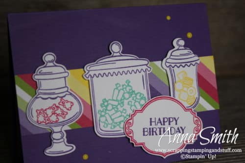 Occasions Catalog Sneak Peeks! Old time candy jar birthday card idea using the Stampin' Up! Sweetest Thing stamp set and Jar of Sweets framelits