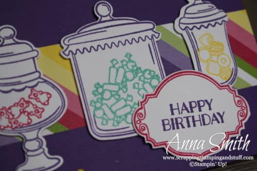 Occasions Catalog Sneak Peeks! Old time candy jar birthday card idea using the Stampin' Up! Sweetest Thing stamp set and Jar of Sweets framelits