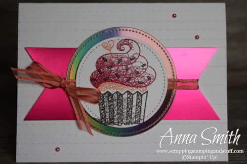 2019 Sale-a-bration free item options Stampin' Up! Hello Cupcake stamp set and foil paper pack! Cute birthday card idea.