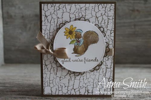 Cute squirrel card made with Stampin' Up! Fable Friends and Crackle Paint stamp sets and Doily Builder thinlits. Great idea for friends, baby or kids!