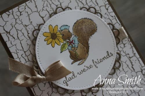 Cute squirrel card made with Stampin' Up! Fable Friends and Crackle Paint stamp sets and Doily Builder thinlits. Great idea for friends, baby or kids!