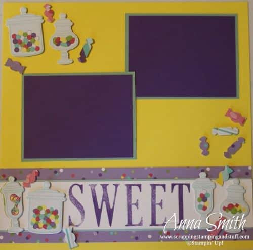 Cute scrapbook page layout using the Stampin' Up! Sweetest Thing bundle - Jar of Sweets thinlits and How Sweet It Is designer paper