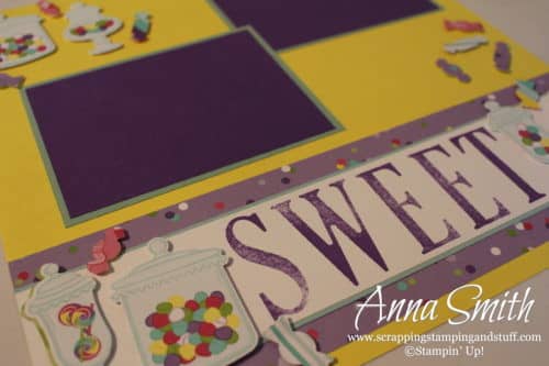 Cute scrapbook page layout using the Stampin' Up! Sweetest Thing bundle - Jar of Sweets thinlits and How Sweet It Is designer paper