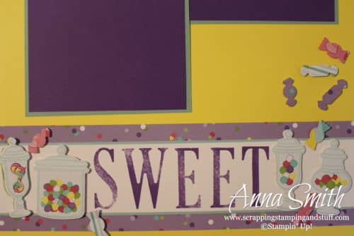 Cute scrapbook page layout using the Stampin' Up! Sweetest Thing bundle - Jar of Sweets thinlits and How Sweet It Is designer paper