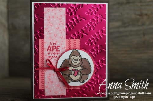 Adorable gorilla Valentine's Day card idea made with the Stampin' Up! Hey Love stamp set, All My Love paper, and Lovely Lipstick Foil