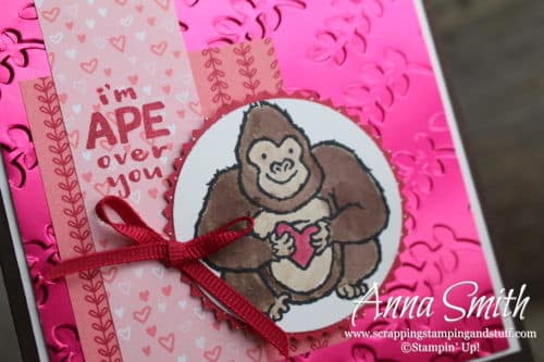 Adorable gorilla Valentine's Day card idea made with the Stampin' Up! Hey Love stamp set, All My Love paper, and Lovely Lipstick Foil