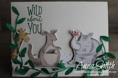 Wild animal card idea with a giraffe, kangaroo and rhinoceros, made with the Stampin' Up! Animal Outing stamp set and Animal Expedition paper pack.