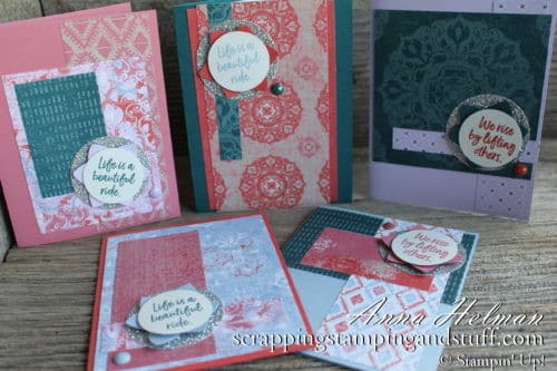 New Stampin' Up! 2019-2021 In Colors - Terracotta Tile, Pretty Peacock, Rococo Rose, Purple Posy, and Seaside Spray - and the Woven Threads Designer Paper Pack