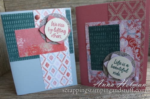 New Stampin' Up! 2019-2021 In Colors - Terracotta Tile, Pretty Peacock, Rococo Rose, Purple Posy, and Seaside Spray - and the Woven Threads Designer Paper Pack