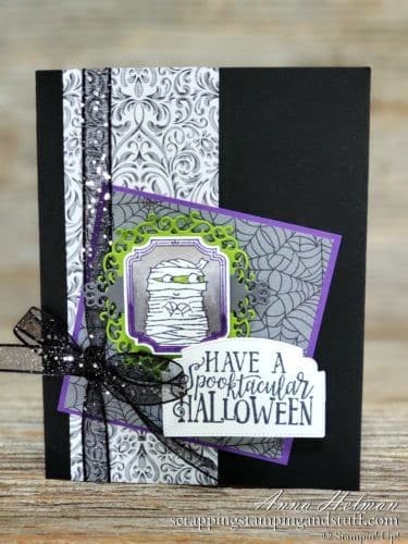 2019 Stampin Up Holiday Catalog Sneak Peek! Stampin Up Spooktacular Bash Halloween card idea and Coffin Treat Boxes!! These would be amazing for a Halloween party or Halloween treats!