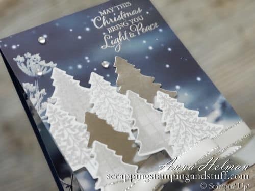 Gorgeous starry night Christmas card idea using the Stampin Up Perfectly Plaid stamp set, Pine Tree Punch, and Feels Life Frost designer paper. 2019 Holiday Catalog sneak peek!