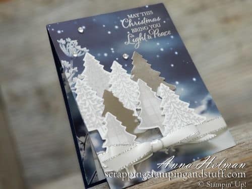 Gorgeous starry night Christmas card idea using the Stampin Up Perfectly Plaid stamp set, Pine Tree Punch, and Feels Life Frost designer paper. 2019 Holiday Catalog sneak peek!